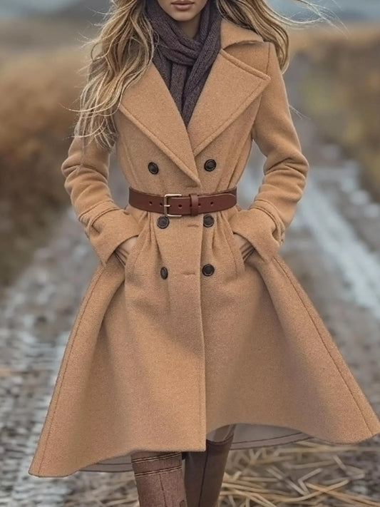 Women's Belted Double-Breasted Long Winter Coat, Lined (khaki)