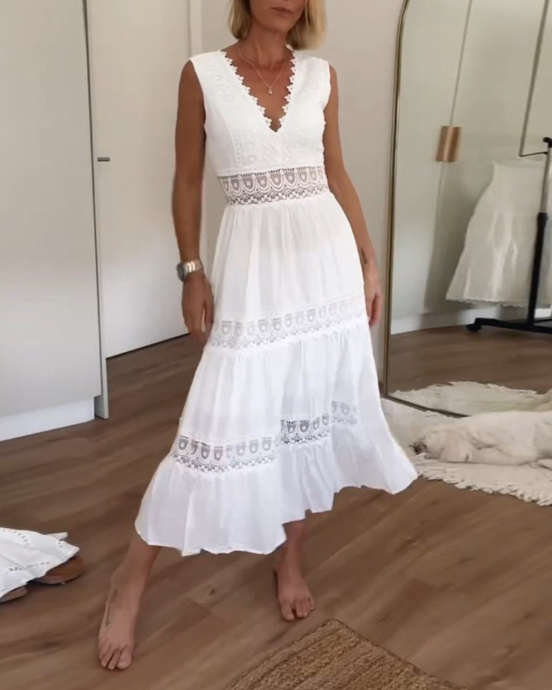 Sophia | Women's Elegant Midi Summer Dress with Lace V-Neck - Airy and Feminine-The Yellow Prime