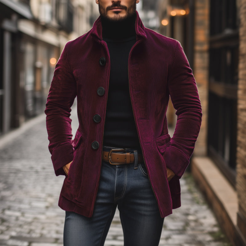 Men's Autumn Corduroy Coat with Mandarin Collar and Button Closure