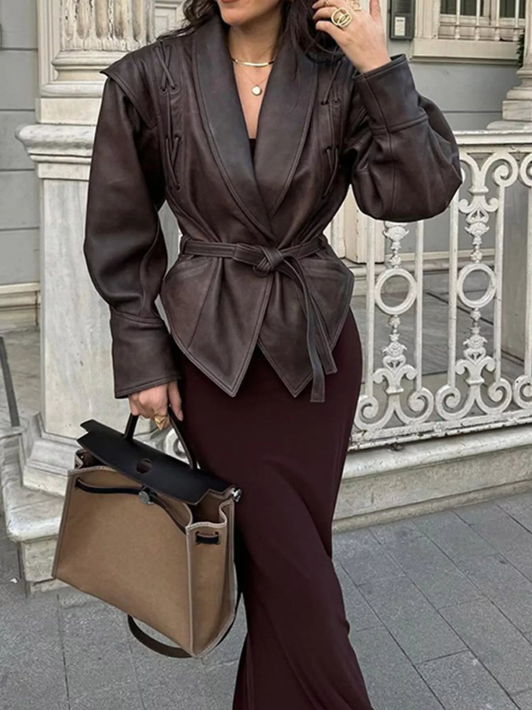 Women's Faux Leather Belted Coat with Shawl Collar, Mid-Thigh Length