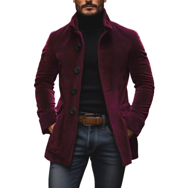Men's Autumn Corduroy Coat with Mandarin Collar and Button Closure