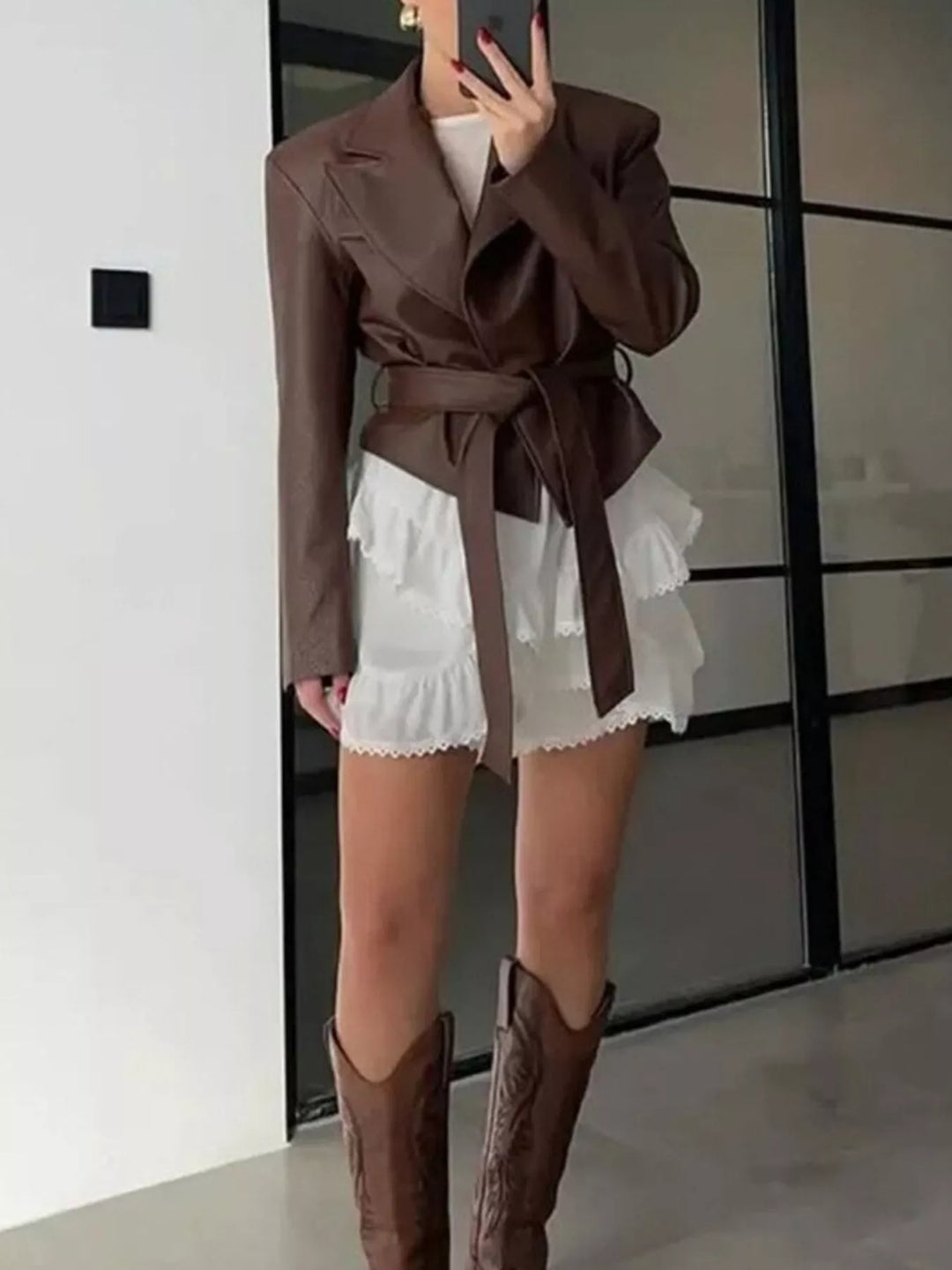 Women's Faux Leather Belted Coat with Shawl Collar, Mid-Thigh Length