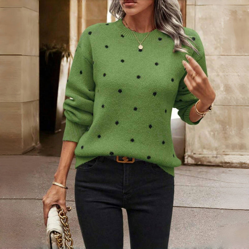 Women's Knitted Sweater with Round Neck, Polka Dot Pattern, Loose Fit