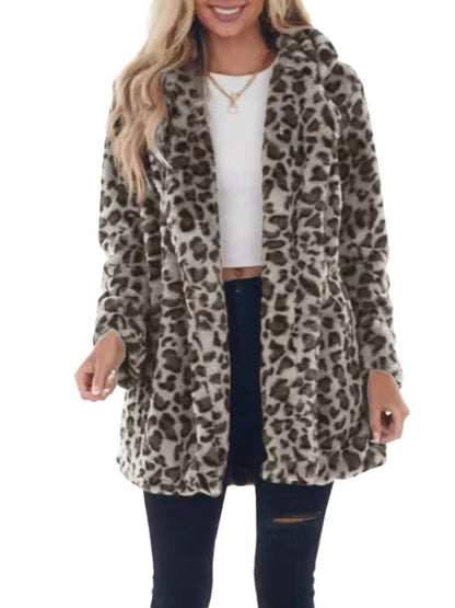 Dammode i fuskpäls med leopardmönster, öppen framtill, plus size 5xl