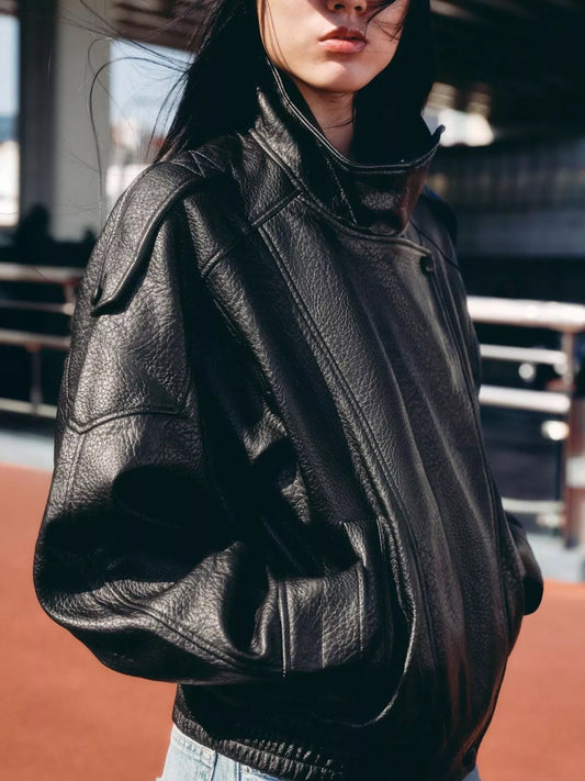Women's Faux Leather Motorcycle Jacket with Pockets, Sizes Xs-L