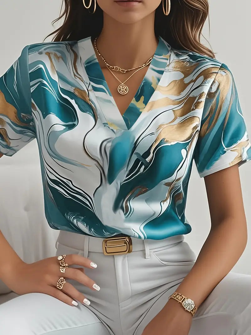 Women's Marble Print Short Sleeve Shirt-The Yellow Prime