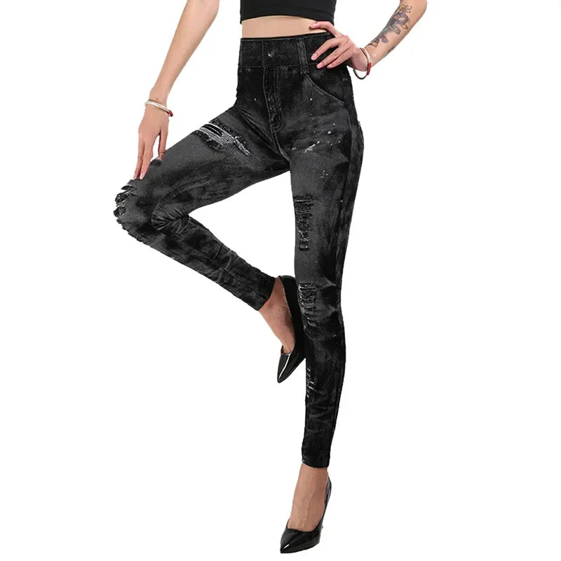 Stretchlegging met hoge taille voor dames, imitatie-denim voor casual kleding