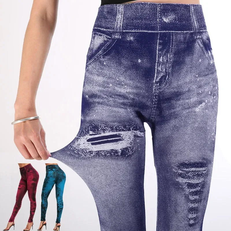 Stretchlegging met hoge taille voor dames, imitatie-denim voor casual kleding