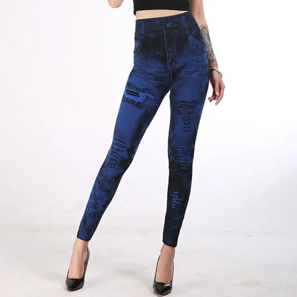Leggings elásticos de cintura alta para mujer, imitación de mezclilla, ropa casual