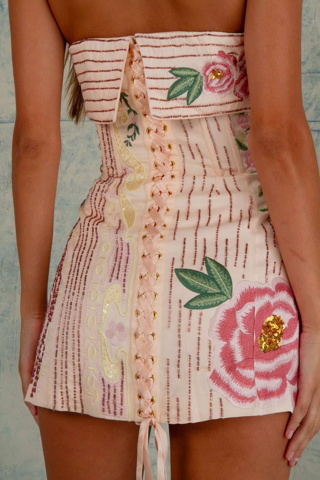 Emily | Women's Strapless Mini Dress with Floral Embroidery and Sequins-The Yellow Prime