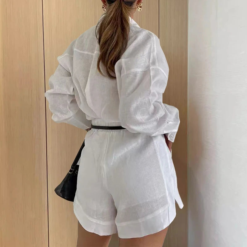 Women's Casual 2-Piece Long Sleeve Set with Button Pockets and Shorts-The Yellow Prime