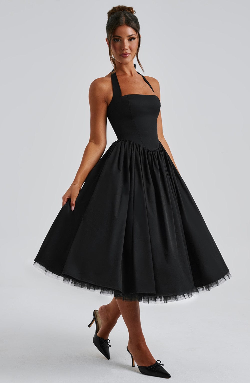Alessia | Women's Halter Midi Dress for Wedding Guests-The Yellow Prime