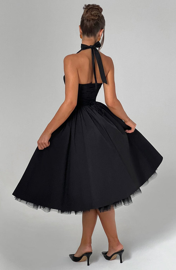 Alessia | Women's Halter Midi Dress for Wedding Guests-The Yellow Prime