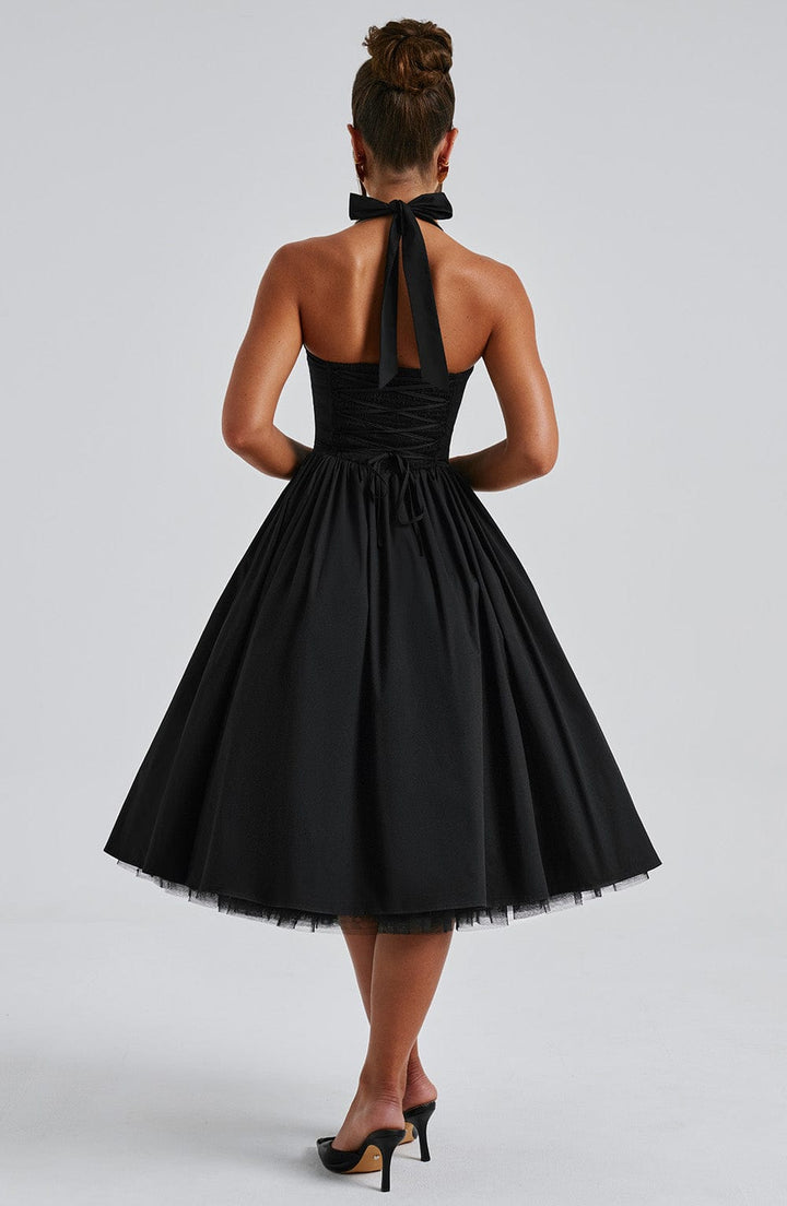 Alessia | Women's Halter Midi Dress for Wedding Guests-The Yellow Prime