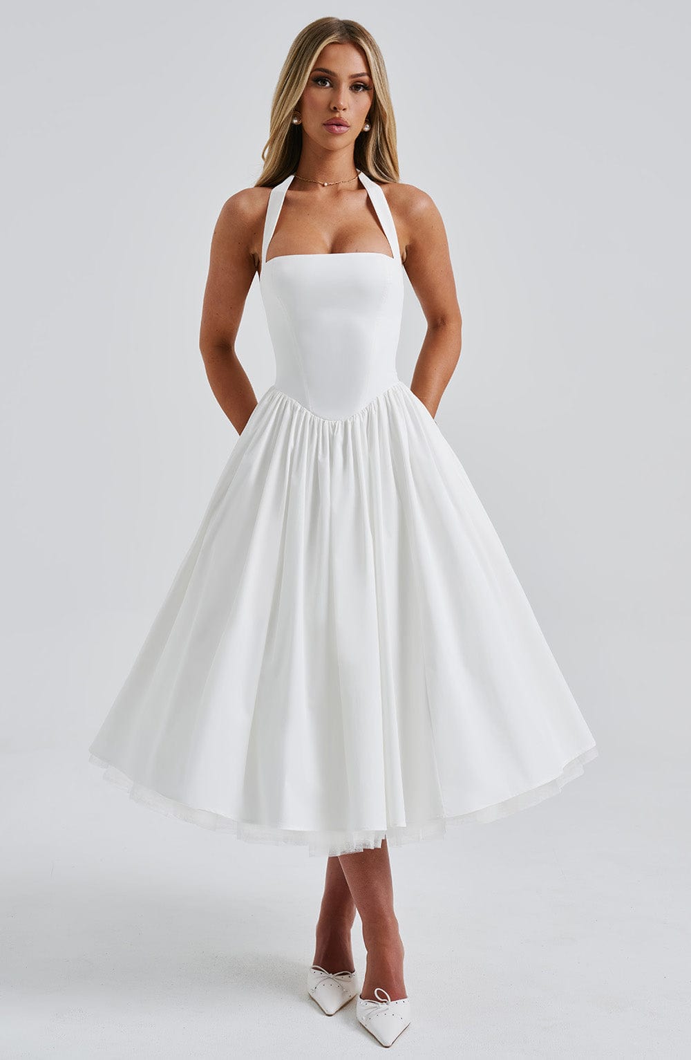 Alessia | Women's Halter Midi Dress for Wedding Guests-The Yellow Prime