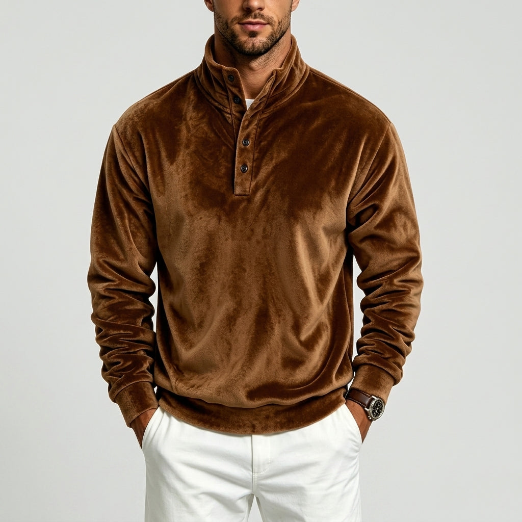 Men's Velvet Button-Placket Stand Collar Sweatshirt