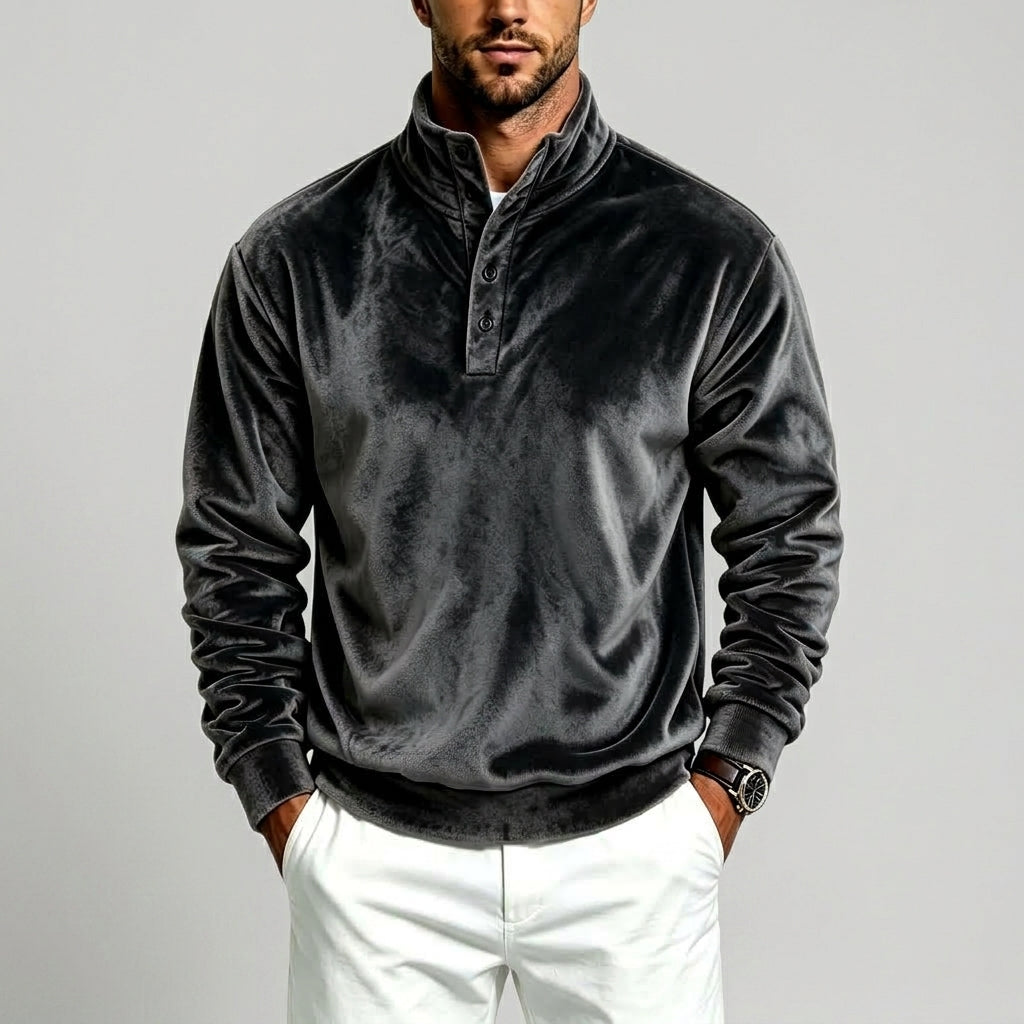 Men's Velvet Button-Placket Stand Collar Sweatshirt