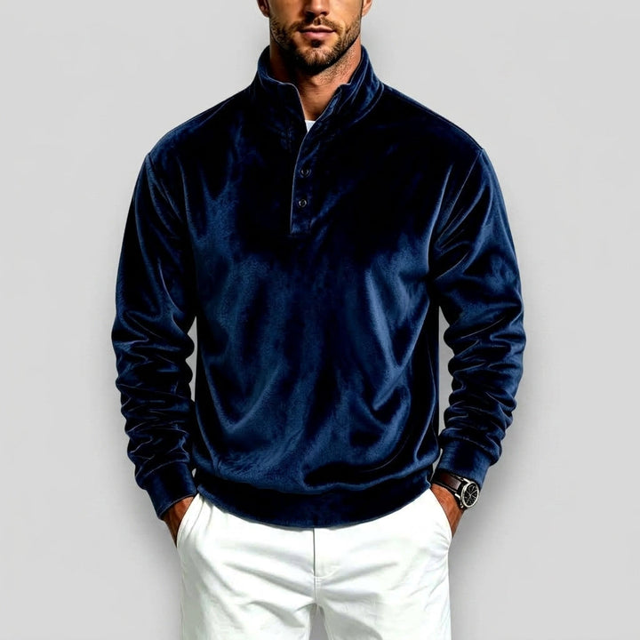 Men's Velvet Button-Placket Stand Collar Sweatshirt