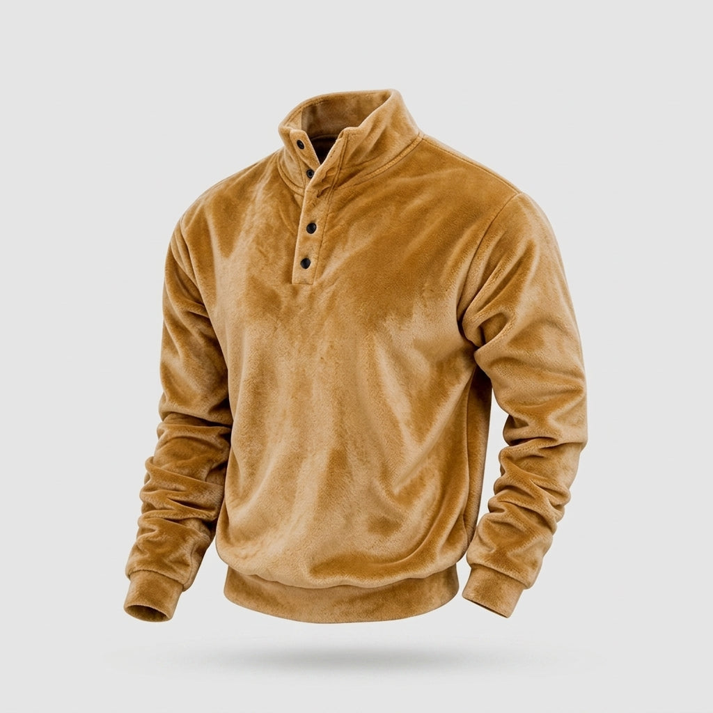 Men's Velvet Button-Placket Stand Collar Sweatshirt