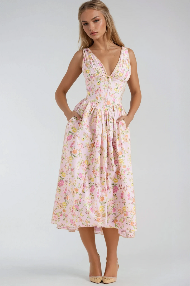 Alina | Women's Sleeveless V-Neck Midi Summer Dress-The Yellow Prime
