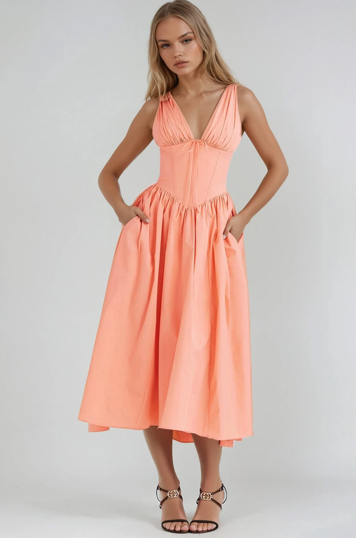 Alina | Women's Sleeveless V-Neck Midi Summer Dress-The Yellow Prime