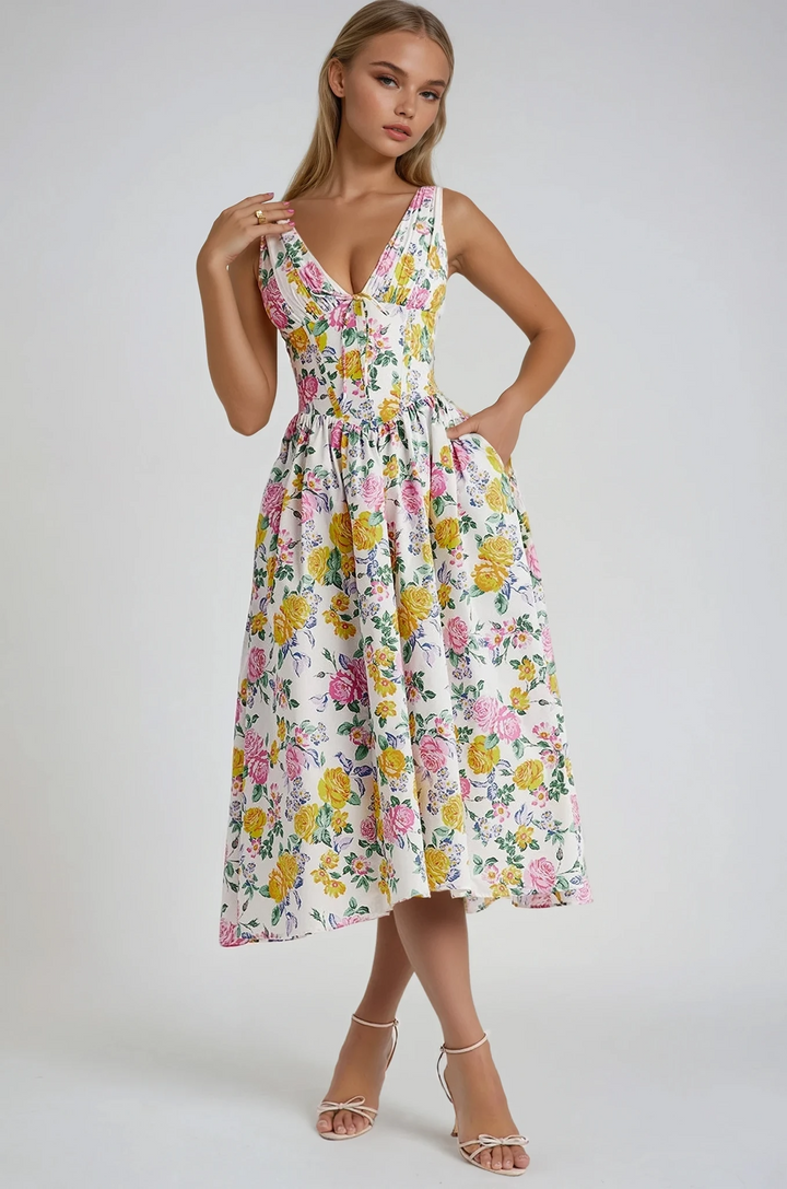 Alina | Women's Sleeveless V-Neck Midi Summer Dress-The Yellow Prime