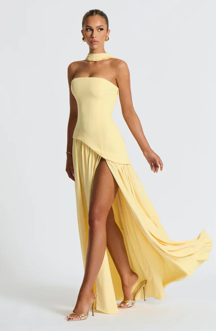 Allegra | Women's Asymmetrical Maxi Dress for Wedding Guests-The Yellow Prime