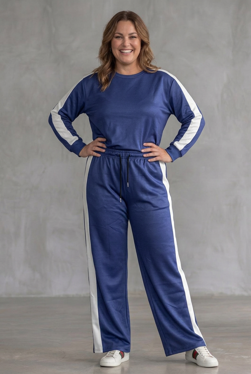Conjunto feminino com top justo de mangas compridas e calças de perna larga