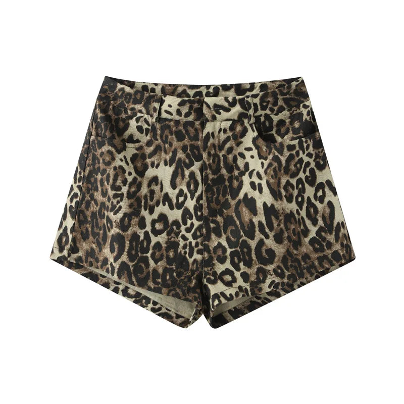 Women's Denim Leopard Print Shorts-The Yellow Prime