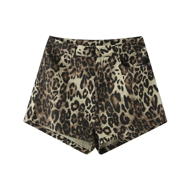 Women's Denim Leopard Print Shorts-The Yellow Prime