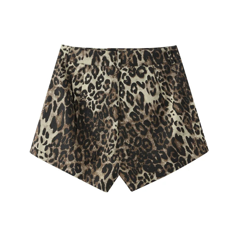 Women's Denim Leopard Print Shorts-The Yellow Prime