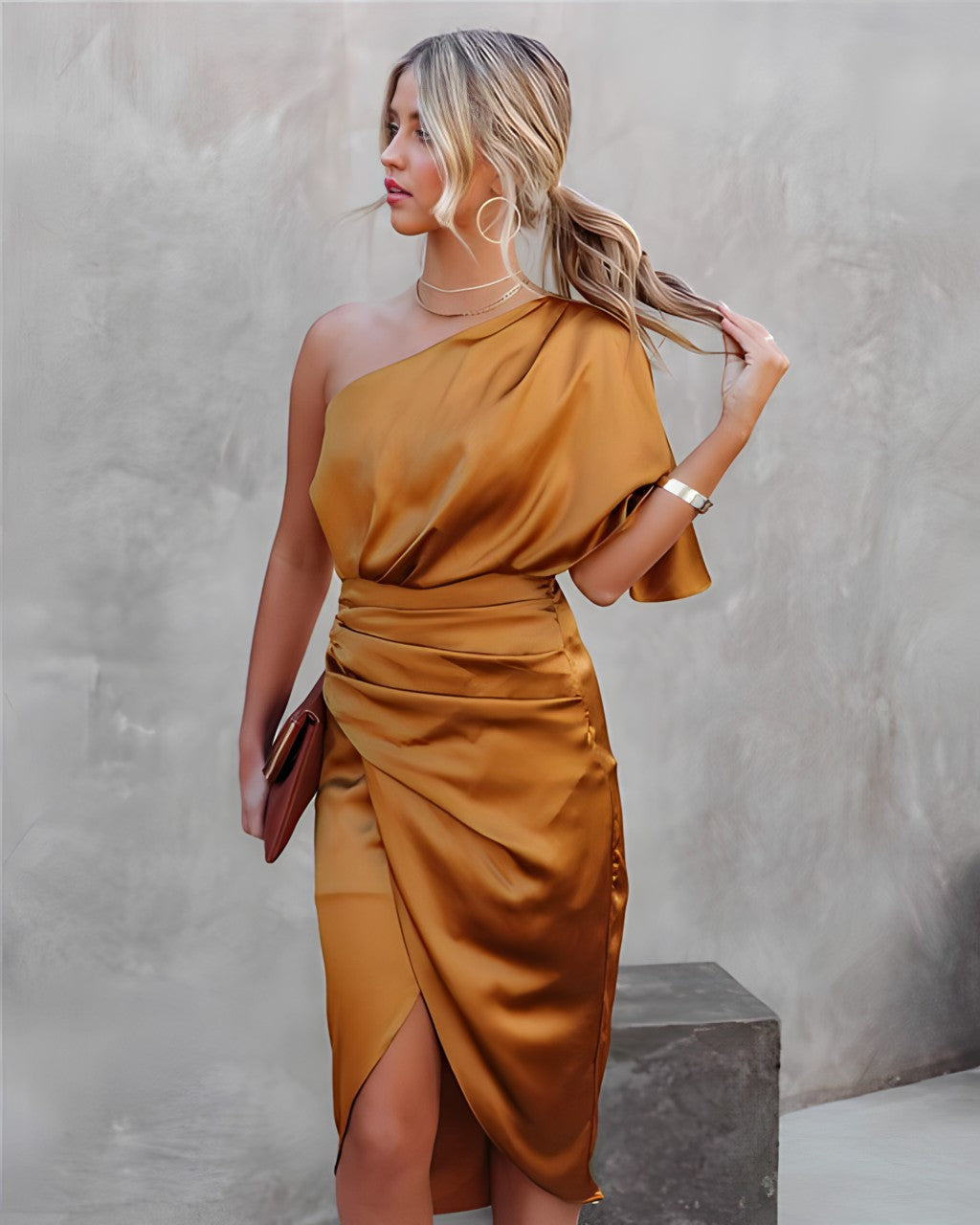 Ava | Women's One Shoulder Midi Wrap Dress-The Yellow Prime