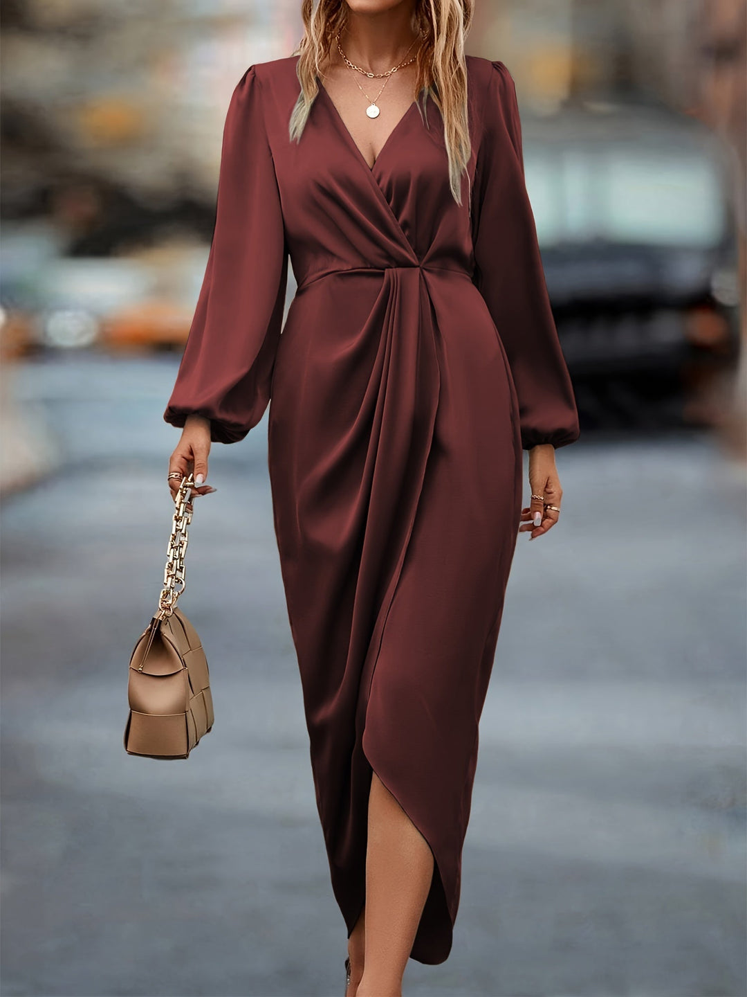Clara | Women's Long Sleeve Wrap Midi Dress-The Yellow Prime