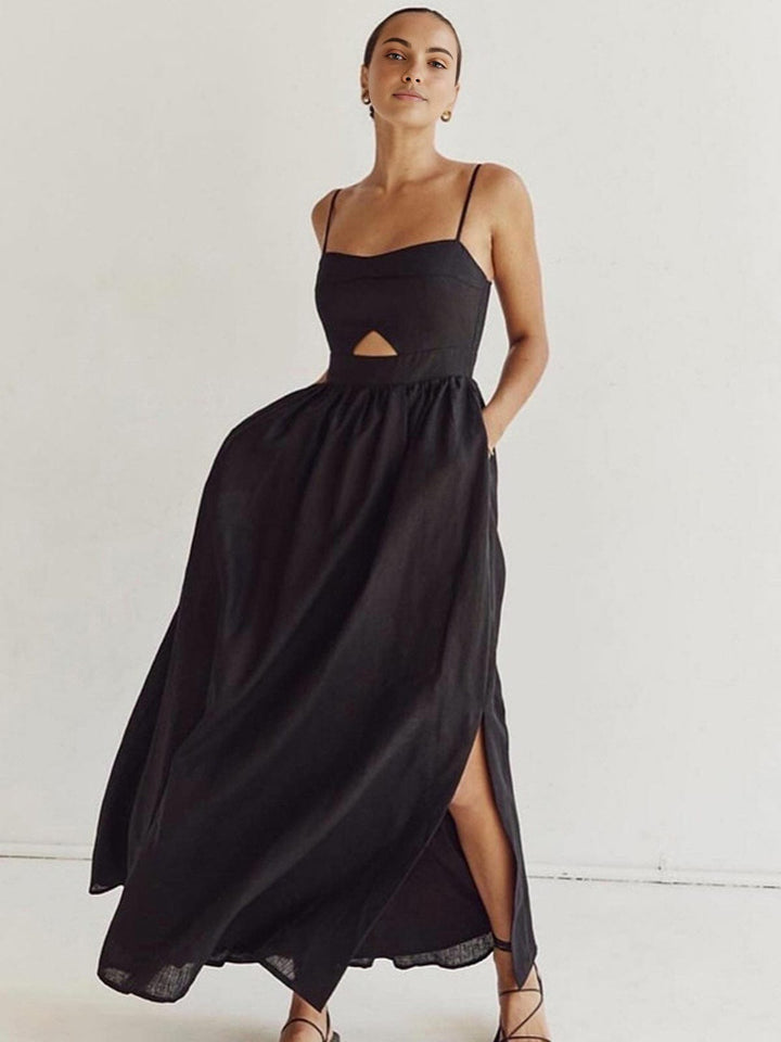 Benedikta | Women's Sleeveless Linen Maxi Dress with Cut-Outs and Spaghetti Straps-The Yellow Prime