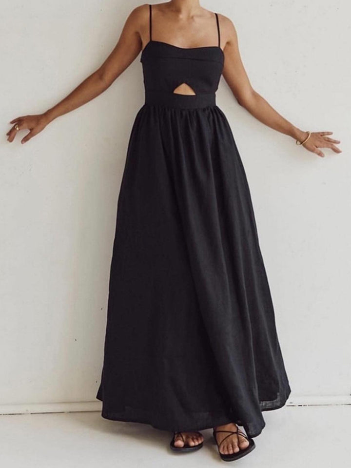 Benedikta | Women's Sleeveless Linen Maxi Dress with Cut-Outs and Spaghetti Straps-The Yellow Prime