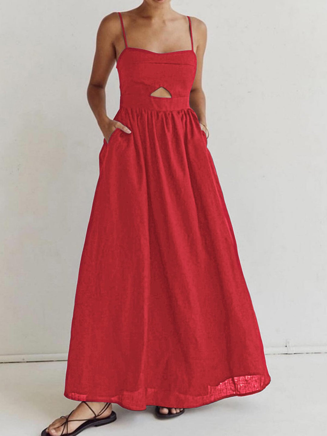 Benedikta | Women's Sleeveless Linen Maxi Dress with Cut-Outs and Spaghetti Straps-The Yellow Prime