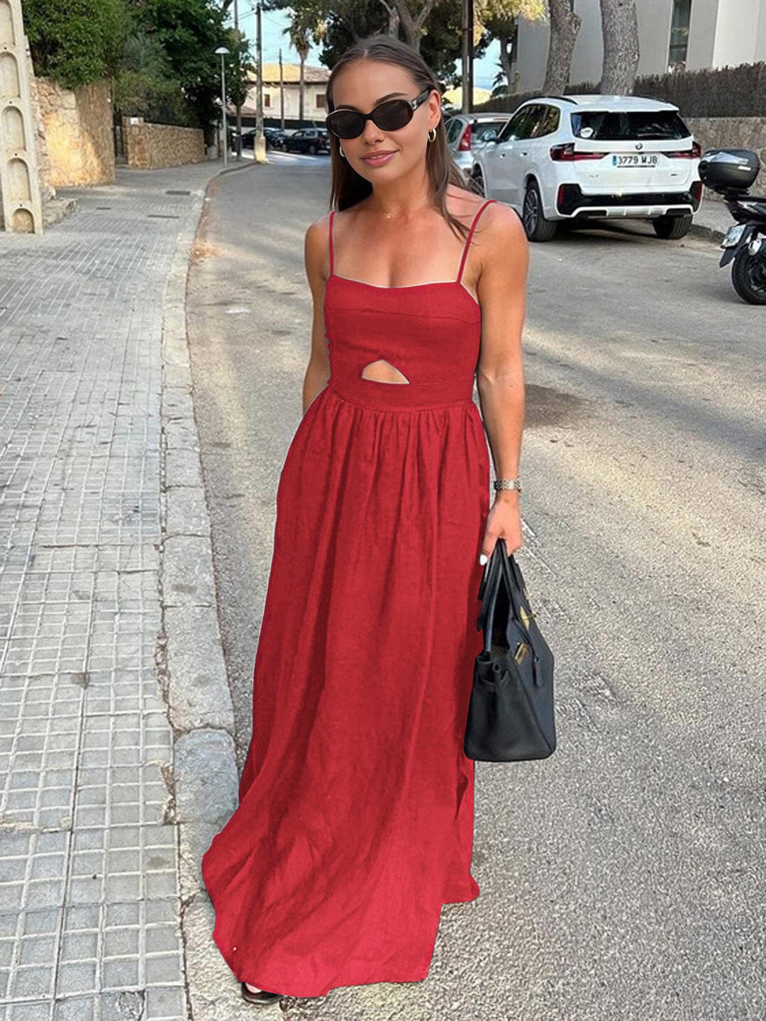 Benedikta | Women's Sleeveless Linen Maxi Dress with Cut-Outs and Spaghetti Straps-The Yellow Prime