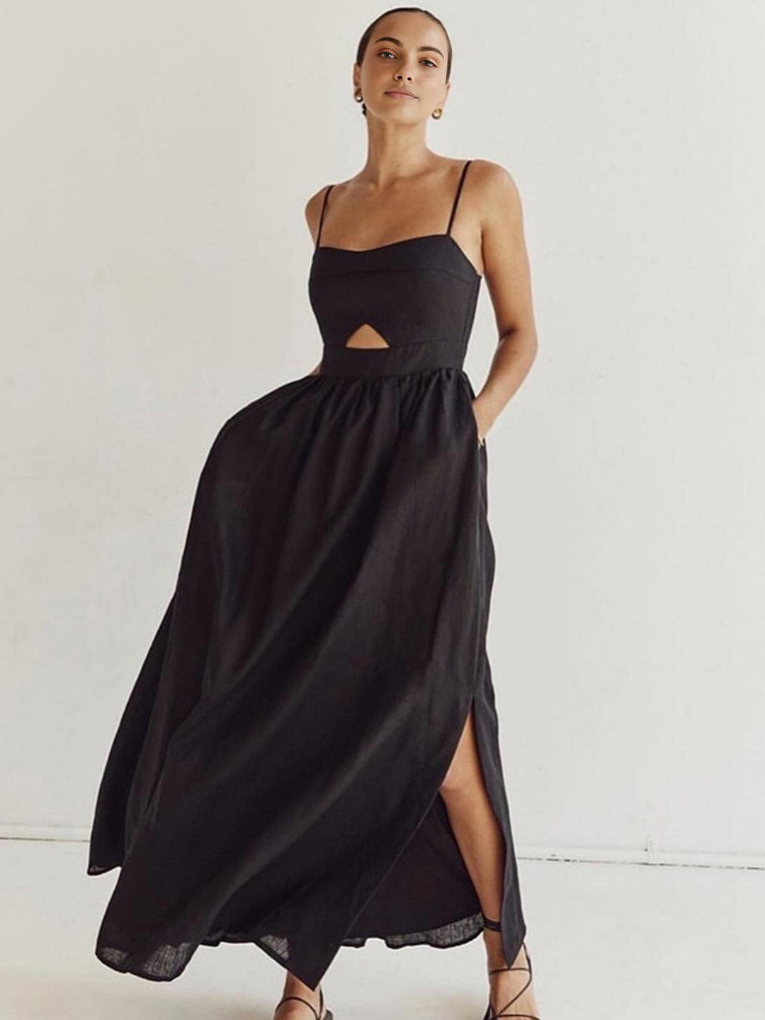 Benedikta | Women's Sleeveless Linen Maxi Dress with Cut-Outs and Spaghetti Straps-The Yellow Prime