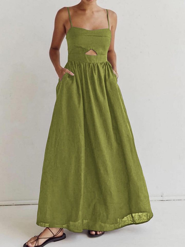 Benedikta | Women's Sleeveless Linen Maxi Dress with Cut-Outs and Spaghetti Straps-The Yellow Prime