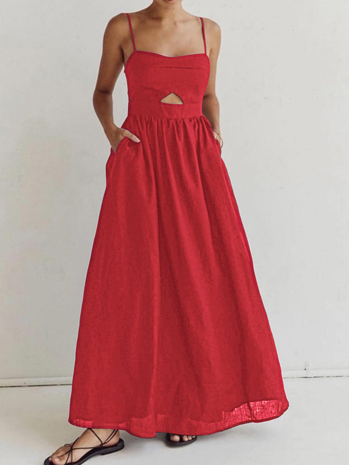 Benedikta | Women's Sleeveless Linen Maxi Dress with Cut-Outs and Spaghetti Straps-The Yellow Prime