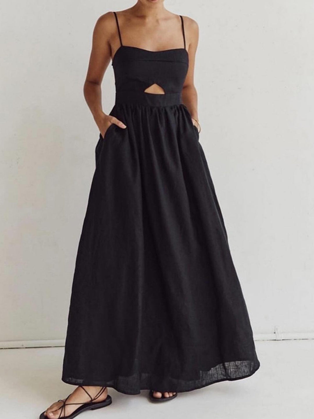 Benedikta | Women's Sleeveless Linen Maxi Dress with Cut-Outs and Spaghetti Straps-The Yellow Prime