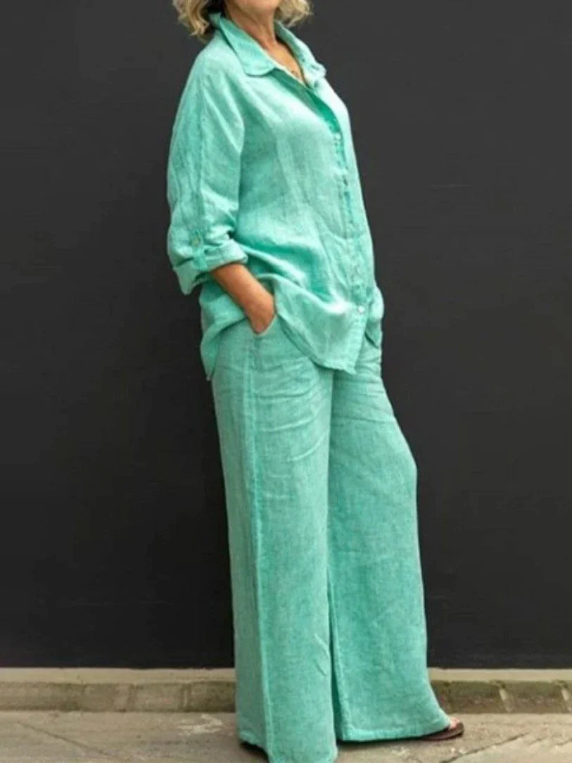 Women's Breathable Linen Set – Relaxed Top with Wide-Leg Pants-The Yellow Prime