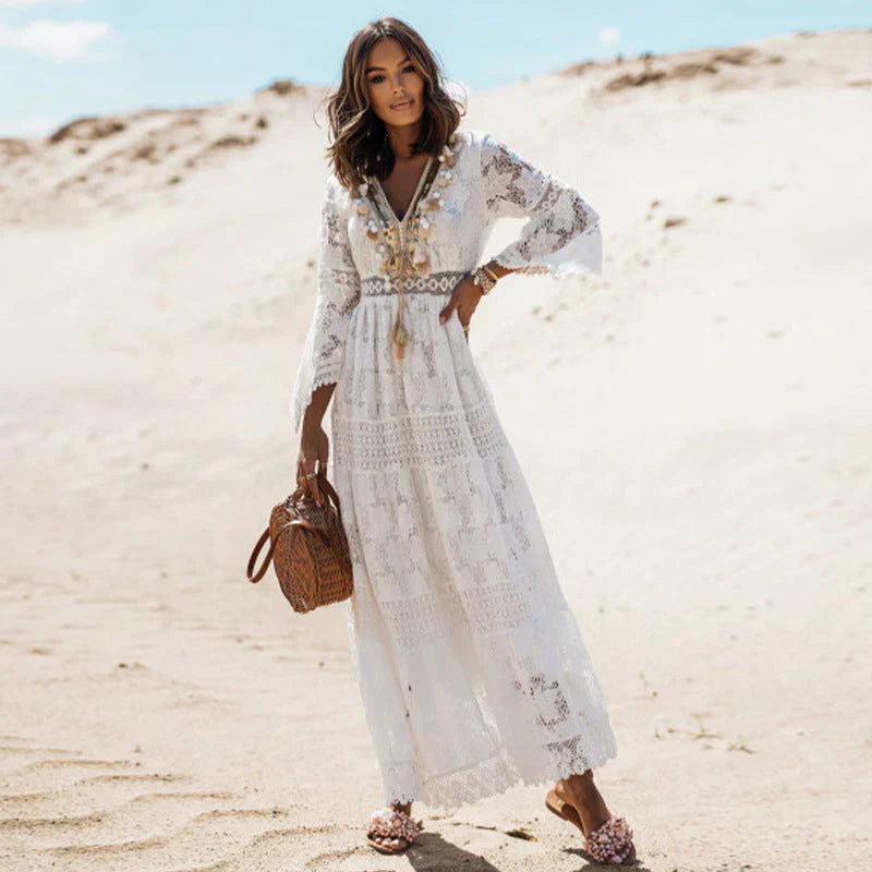 Beverly | Women's Long Sleeve Boho Maxi Dress-The Yellow Prime