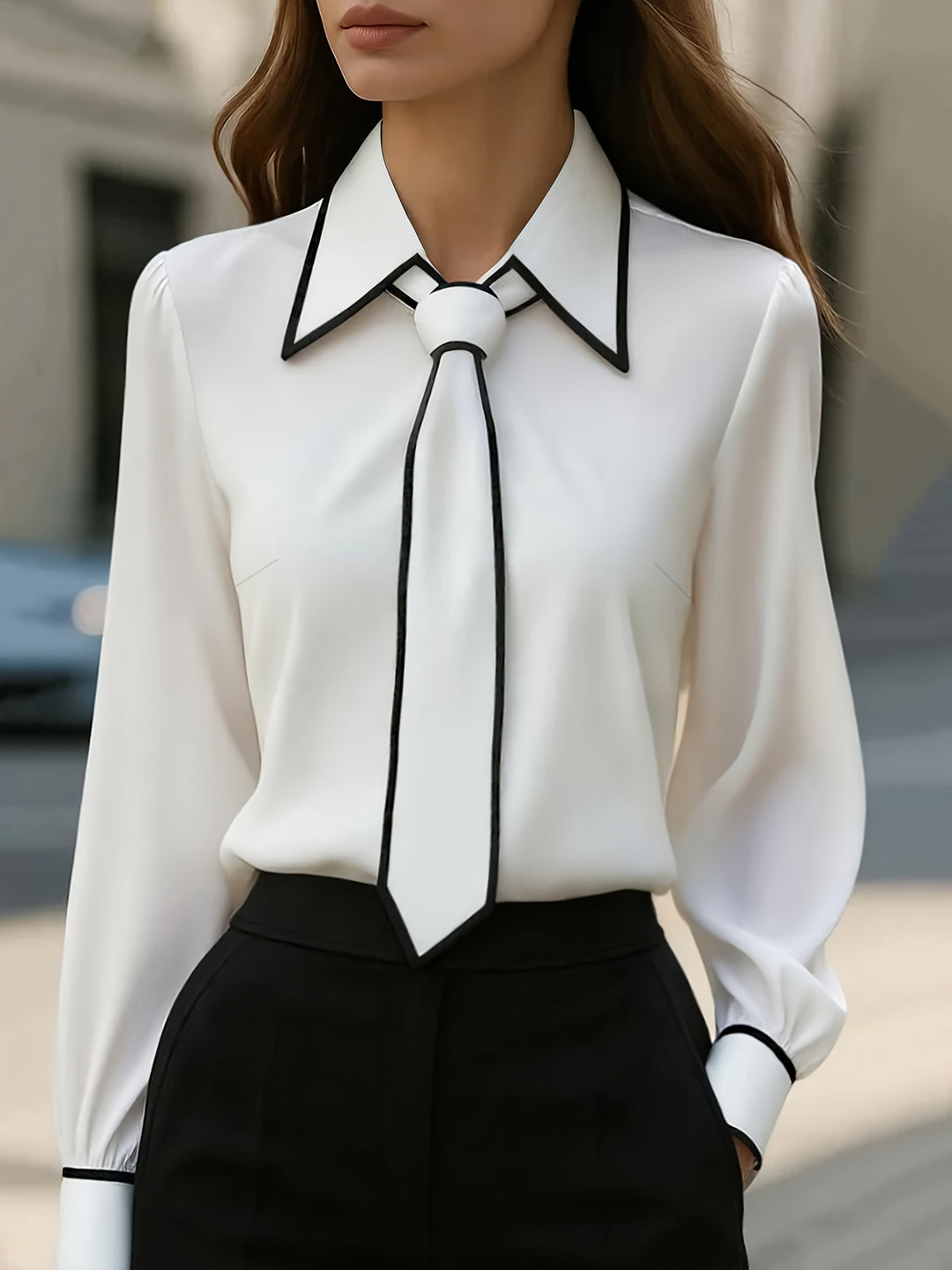 Blythe | Women's Oversized Collar Contrast Tie Blouse-The Yellow Prime