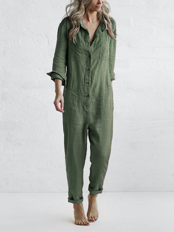Women's breathable long-sleeve cotton blend jumpsuit for all seasons-The Yellow Prime