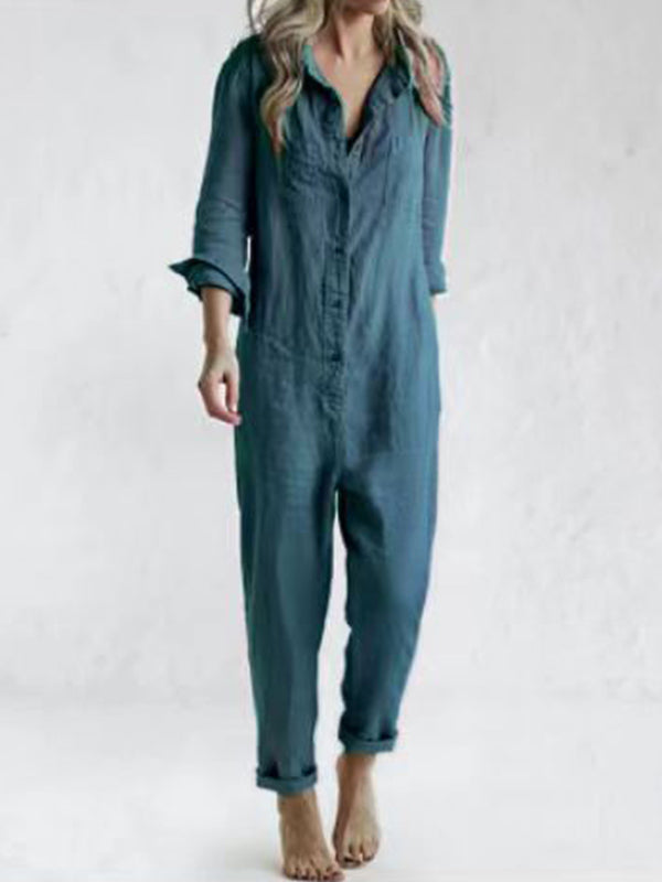 Women's breathable long-sleeve cotton blend jumpsuit for all seasons-The Yellow Prime
