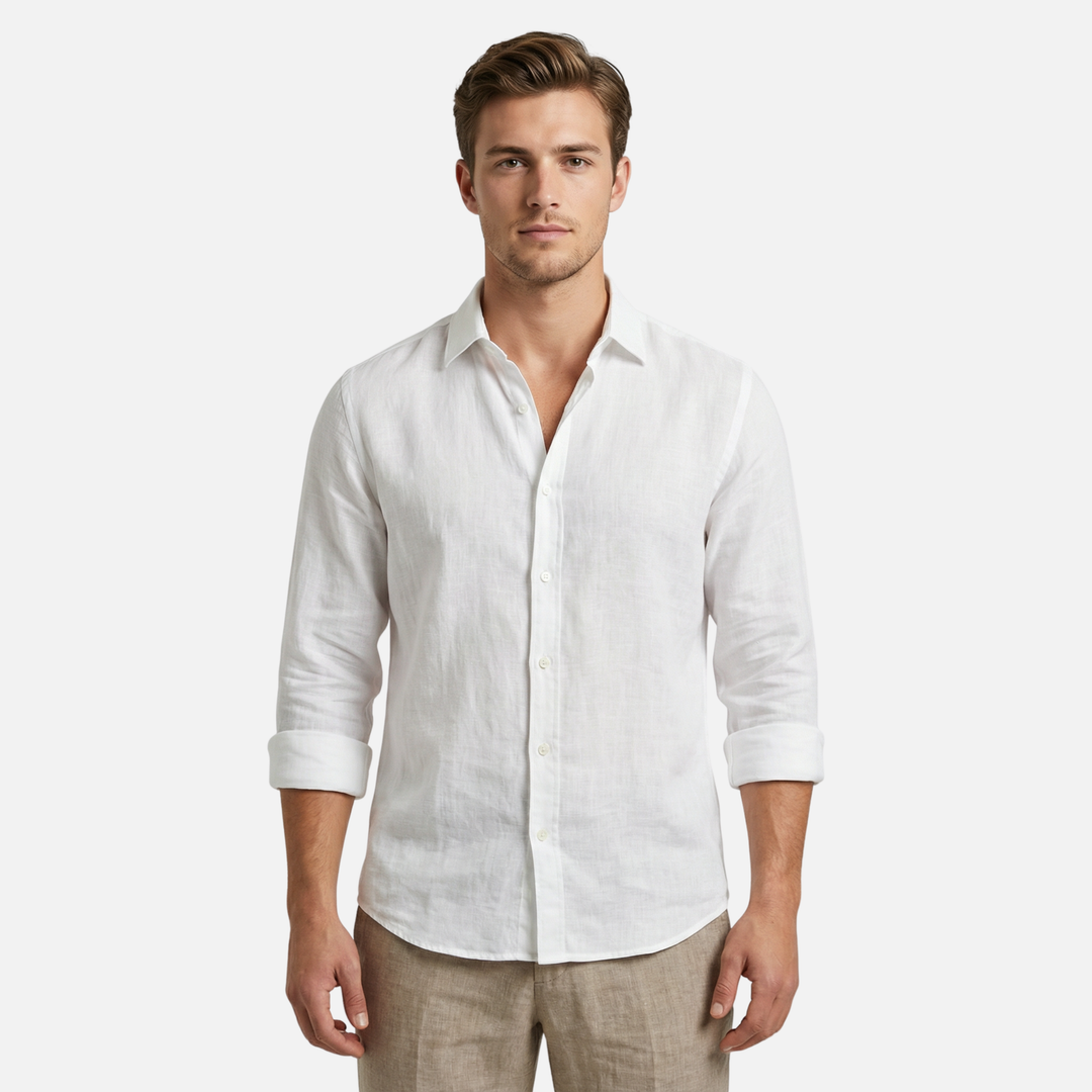 Men's Linen Summer Button-Down Shirt with Roll-Up Sleeves-The Yellow Prime