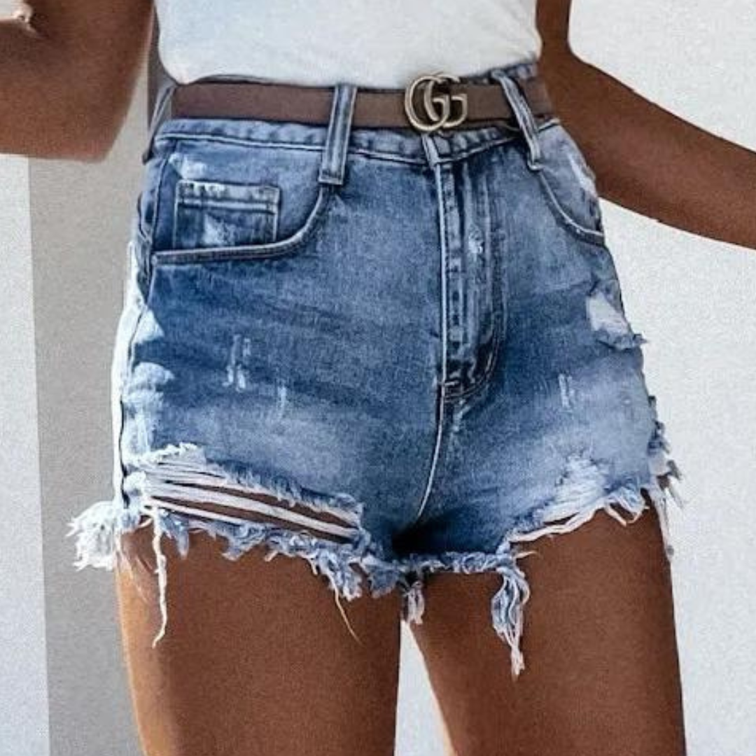 Denis | Women's Stylish High Waist Denim Shorts with Fringes-The Yellow Prime