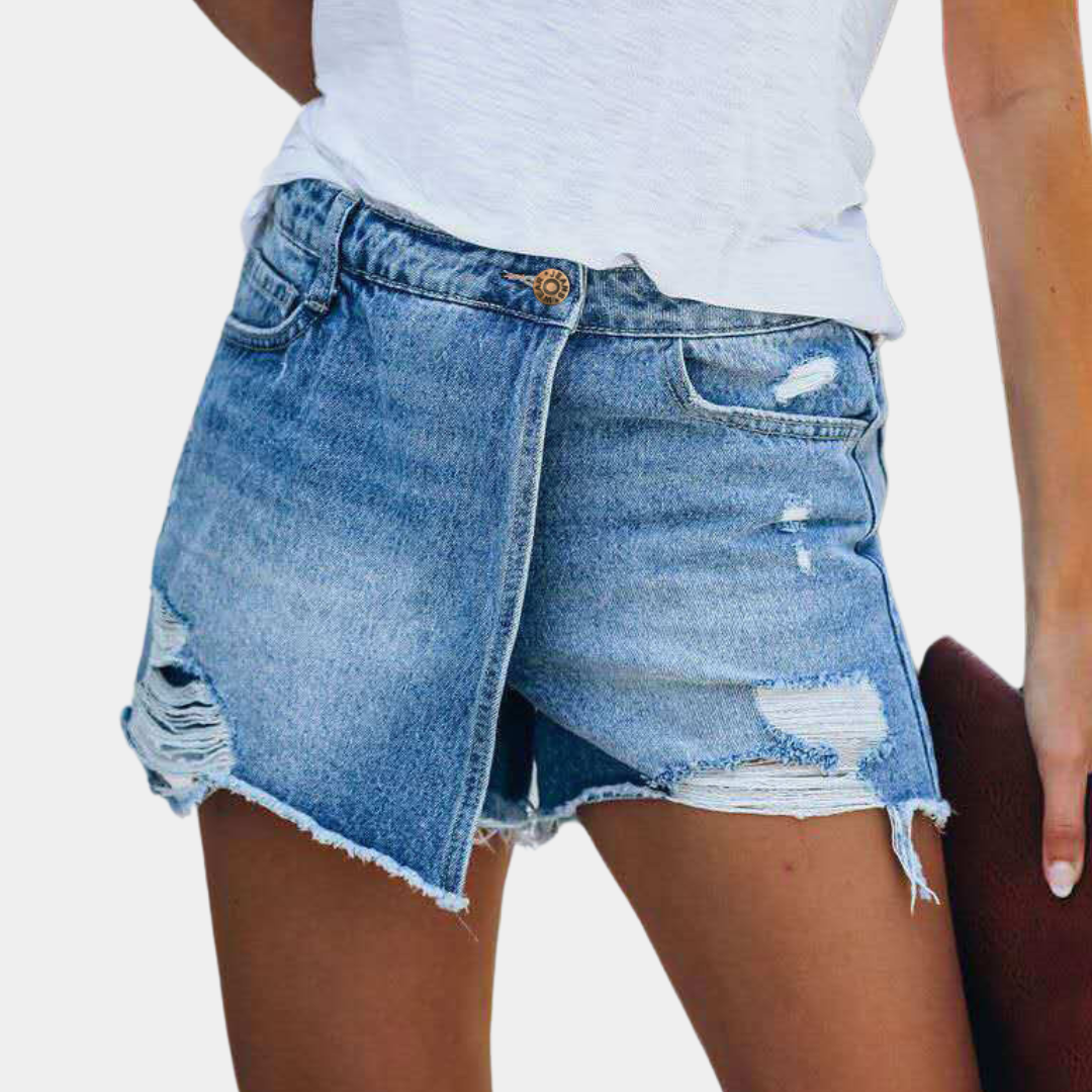 Hildegard | Women's Trendy Asymmetrical Denim Shorts-The Yellow Prime