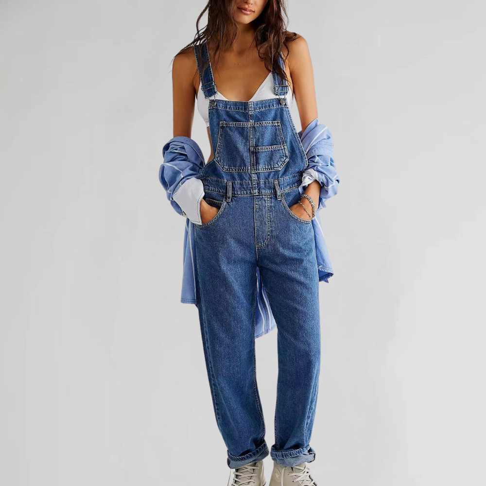 Women's Denim Overalls with Cross-Back Design-The Yellow Prime